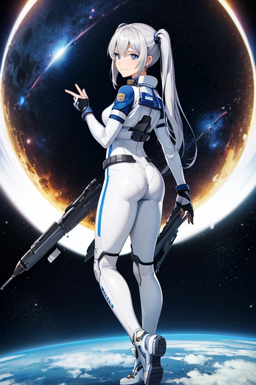 Anime drawings、Full body portrait、Space SF soldiers、A female pilot, about 175cm tall and about 27 years old, wearing a silver pilot suit, turns around to show her back、Smiling with mouth closed、The hairstyle is medium twin tails、Silver Hair、gloves、Blue Eyes