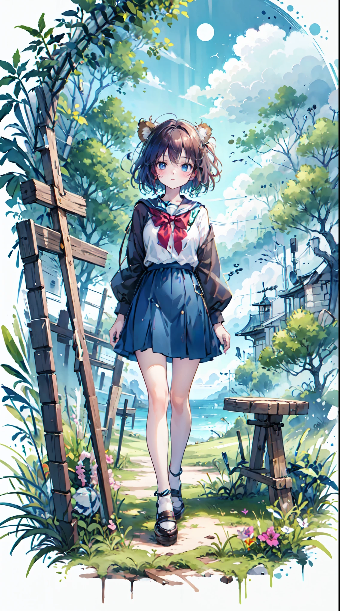 masterpiece, fisheye effect, a girl sitting on a bench looking at the ocean, a matte painting, featured on pixiv, higurashi, unity 2 d, blue sky and green grassland, as a tarot card, smartphone resolution, point-and-click adventure game, dying earth, Beasts, circle, standing in the savannah