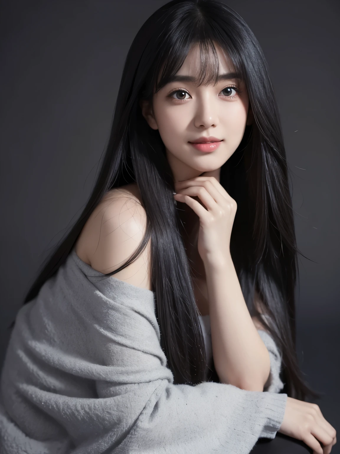 (Surrealism) , (Implications), (Improve resolution), (8K), (Extremely detailed), (Best Best Illustration), (Beautiful and delicate eyes), (Best quality), (Extremely detailed), (masterpiece), ( wallpaper), (Detailed face), Full Body Love,1個Giant Breast Girl, Grab the chest with one hand,Smile,Looking at the audience, Exquisite details, Detailed face, Off-shoulder,in the dark night, deep shadow, low pitch,purebred face_V1, Smile,Long gray hair,Black shawl straight hair,Side bangs
