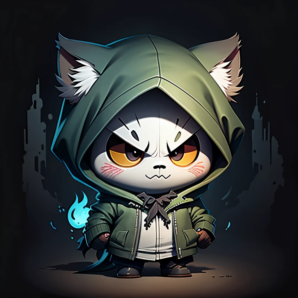 Little ghost with spooky mask, angry, green dark cloth