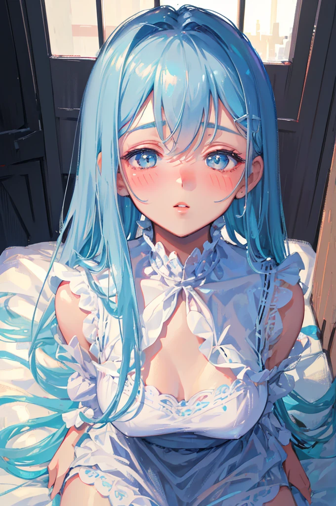 a 22 years old with gradient light blue and pink fluffy hair woman, soft lilac eyes and blue lipstick, messy bangs, freckles, gentle expression, white winter clothing, cotton headband, detailed face, beautiful detailed eyes, beautiful detailed lips, extremely detailed eyes and face, long eyelashes, high quality, 8k, hyper realistic, detailed painting, digital art, vibrant colors, dramatic lighting, cinematic