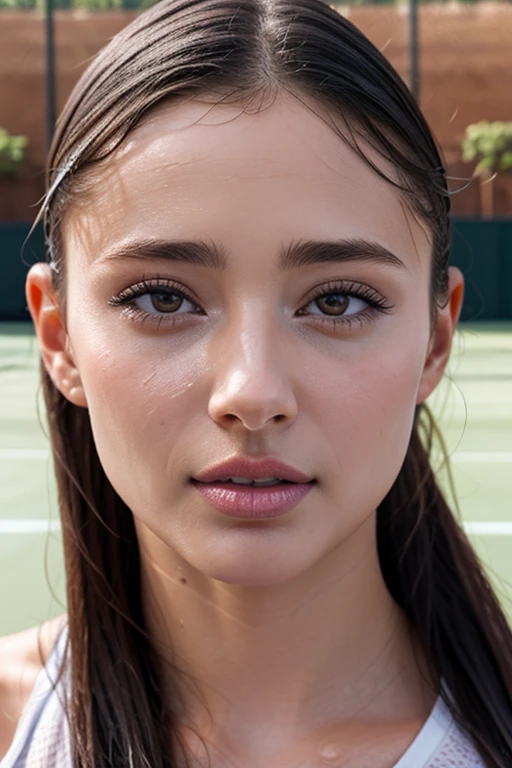 Beautiful Japanese Women,Taylor Hill,(photo Realistic:1.4), (hyper Realistic:1.4), (Realistic:1.3),Very detailed,Eyelashes High resolution eye depiction, Focus your eyes, Nose and mouth,Face Focus, Woman with open mouth and closed eyes, Completely naked、Age 35,Black-haired、Symmetrical face,Realistic nostrils、Elongated C-shaped nostrils,,、((Sweaty skin))、Sweaty肌を際立たせる照明、Sweaty, Shiny skin、((Glowing Skin))、((Wet and shiny 舌))、Attractive body,Beautiful breasts,((Life,floor))Beautiful breasts,((Tennis court,Tennis uniform,In front of the tennis net))、