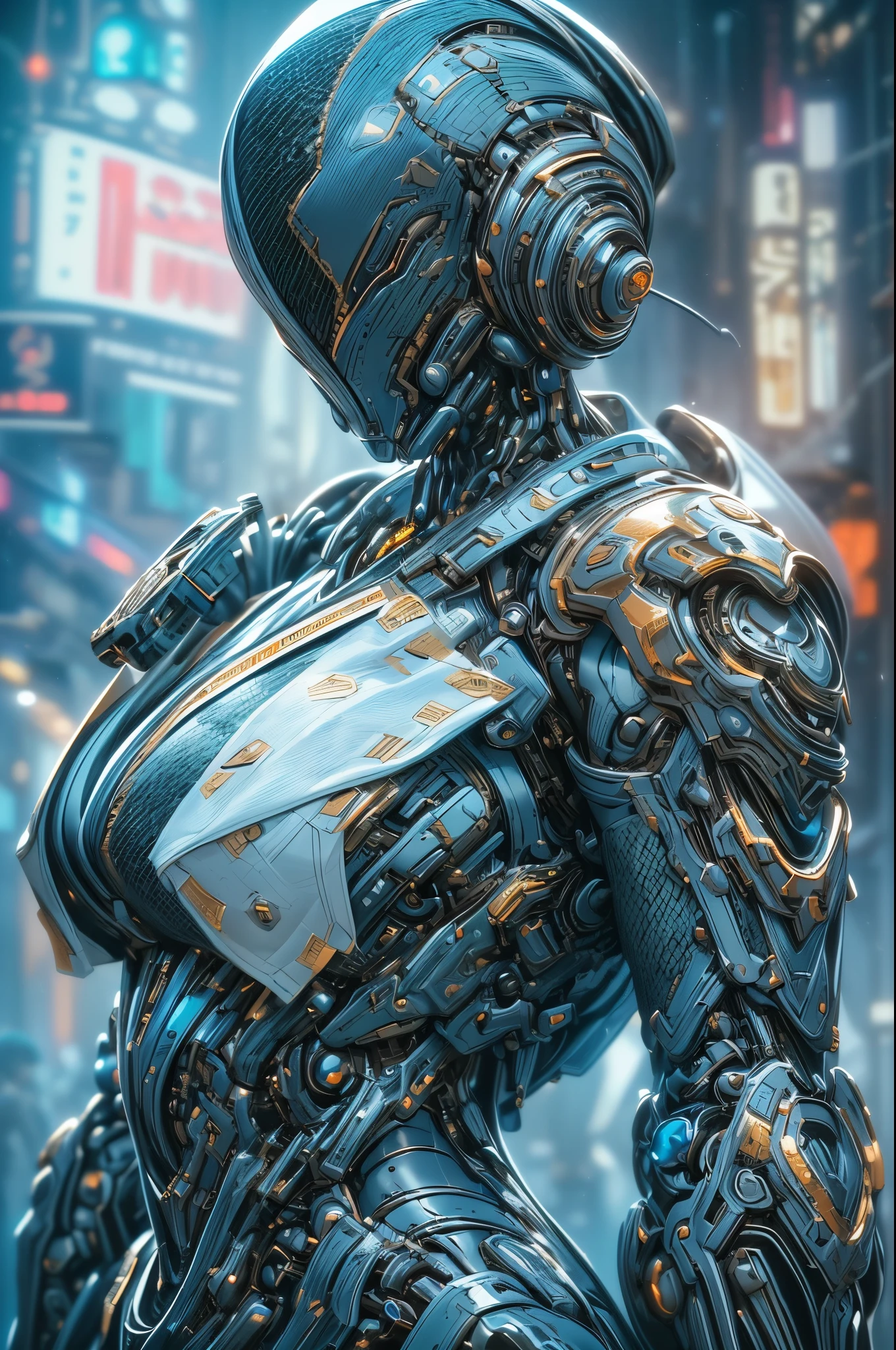 Super realistic, hyper realistic, super detailed, (facing forward:1.3), (cyber assassin girl, long silver hair, blue eyes, cyborg body feature with solid metal, full body heavy armor, foggy background, science fiction, robotic mouth mask, extreme detailed cyborg component, intricate detailed mechanical humanoid, crimson gold body color, cyberpunk, (((heavy bazzoka attached on the shoulder:1.4)))), (neon light background:1.25), masterpiece, best quality, wide-angle, Hyperdetailed, masterpiece, best quality, 8k, natural lighting, soft lighting, sunlight, HDR (High Dynamic Range), Maximum Clarity And Sharpness, Multi-Layered Textures