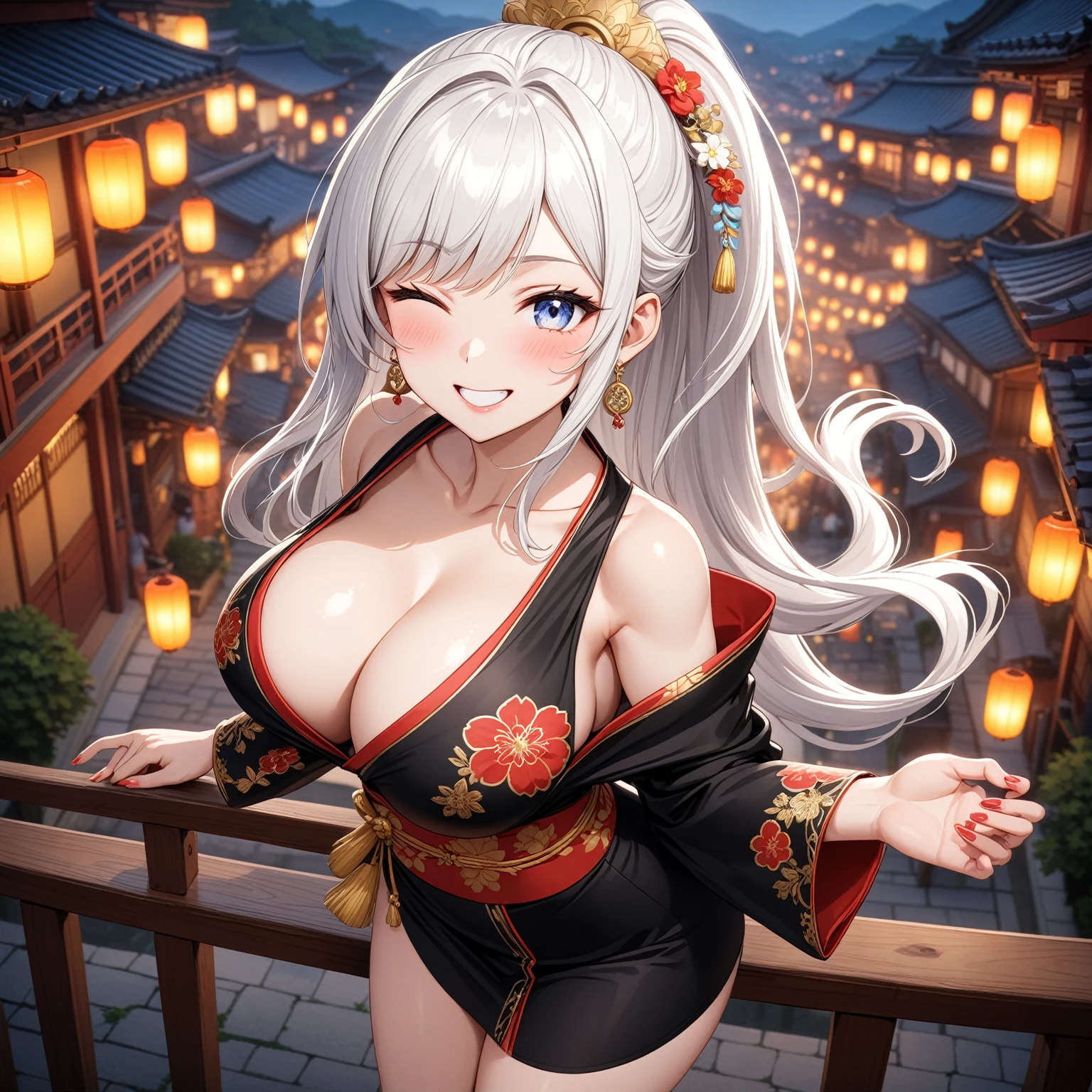 ((one personの女性)), Beautiful Face,Happy expression,Laugh embarrassedly,((Wink:2.0)),turn bright red,Glossy pink lips,French Nails,night,Shrine festival sexpensives,firework, ((Anime style background)),masterpiece, highest quality, so beautiful, Latest, Complex details, (Pink long nails),AI-generated, Complex,High resolution, highest quality, super high quality,3D Images、View your viewers、3D Images,one person,Long white hair,High Ponytail,blue eyes,Anime woman posing for a photo, [[Fine grain、Colorful eyes、Shining Eyes:1.15]],(Squint your eyes:1.1),a hyperRealistic , hyperRealistic , Realistic,Long haired white hair anime woman, Smooth anime CG art, A woman in a colorful kimono with gold embroidery, (Black kimono),Red floral pattern,Long flower hair ornament,Big earrings,(Big Breasts:1.4),Mature Body,expensive,Big Ass,Fine details,Tight waist,Abdominal muscles,Put your elbows on the railing,Photographed from diagonally above,peace sign