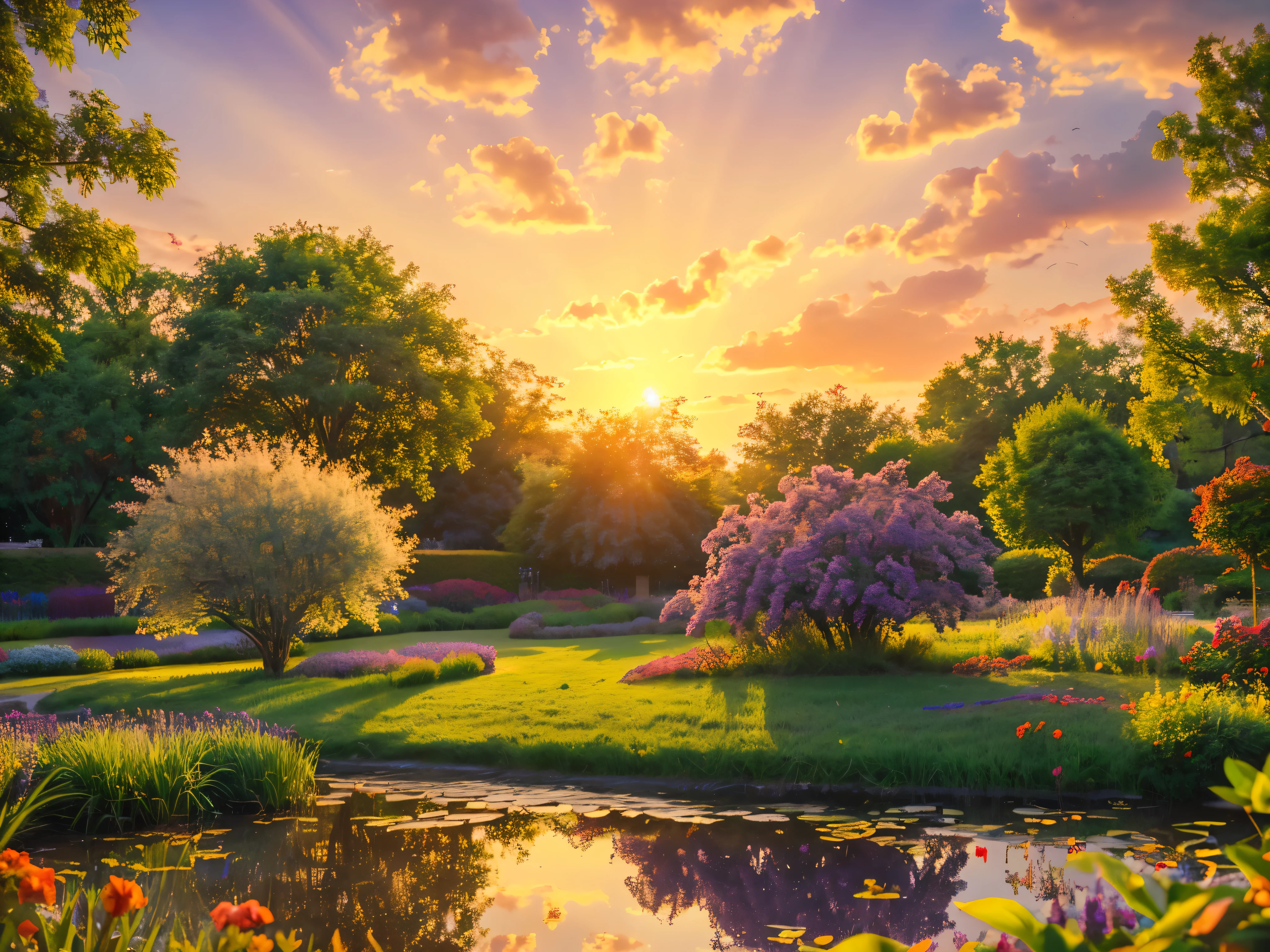 (best quality,4k,8k,highres,masterpiece:1.2),ultra-detailed,(realistic,photorealistic,photo-realistic:1.37),sunset,illustration,oil painting,beautifully detailed scene,vibrant colors,soft lavender sky,orange,red,yellow,lilac,purple,green,blue,scenic garden with flourishing flowers,serene atmosphere,gentle breeze,birds flying freely,majestic trees standing tall,sun slowly setting on the horizon,captivating view of nature,tranquil reflection in a small pond,colorful rays of sunlight shining through the leaves,golden sunlight casting a warm glow,peaceful and serene mood,magical harmony of colors,unforgettable and mesmerizing scenery