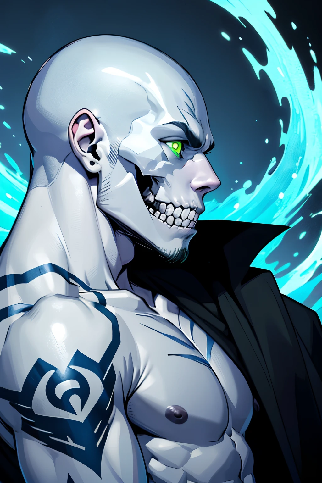 ((best quality)), ((masterpiece)), (detailed), 1 male, bald, white rune tattoos, Muscular, pale blue skin, Skeletal teeth, snarling expression, flowing black robes, Bare Chest, green flaming eyes, skeletal teeth, sidelighting, blue light, necromancer, illusionist, strong jaw, side profile