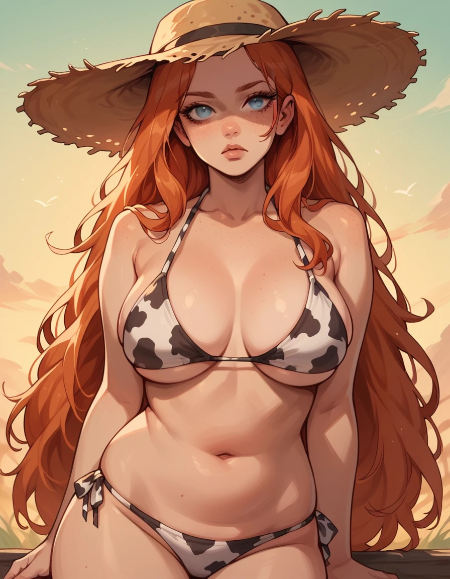 score_9, score_8_up, score_7_up, score_6_up, 1girl, long hair,  g4n1m3, ginger hair, sunset, grey eyes, large breasts, plump, straw hat, cow print bikini,