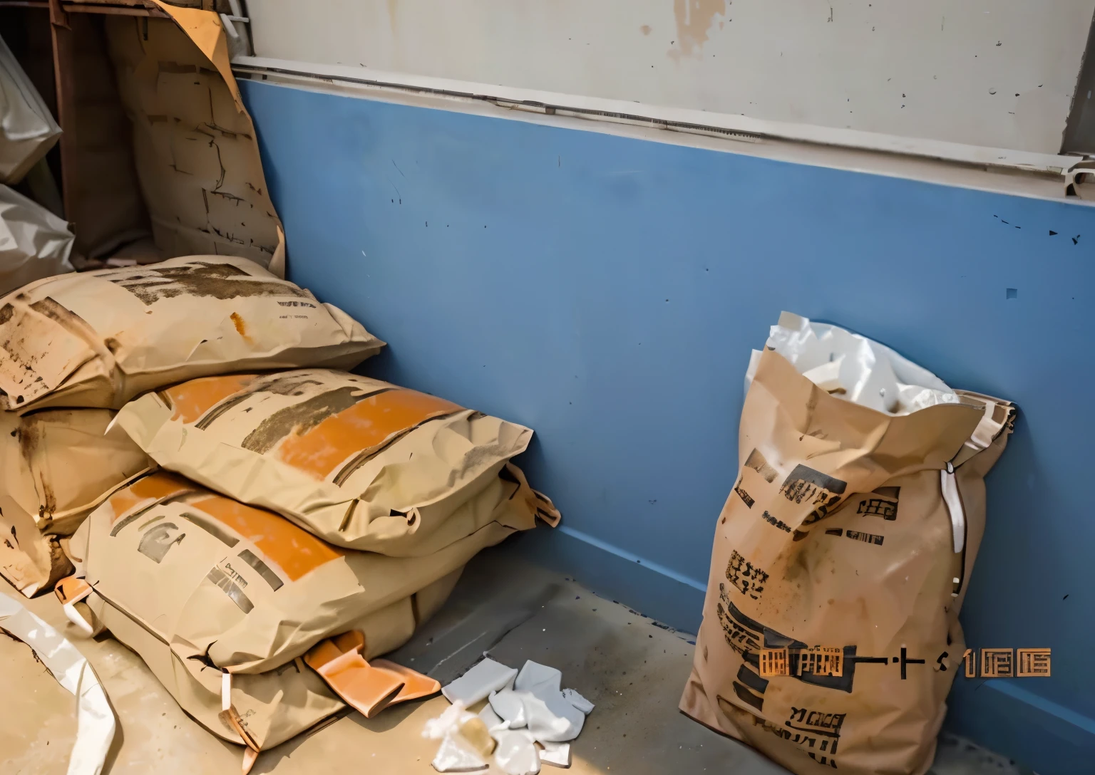 Bags of sand were placed on the floor against the wall, Rust and plaster materials, metal Rust and plaster materials, High quality material BSSRDF, Extraction chemicals, Copper oxide and rust, Clay material, Trench sandbags in the background, ldpe, Available imagery, Plastic ceramic materials, Photo showing, bright construction materials,Remove the goods