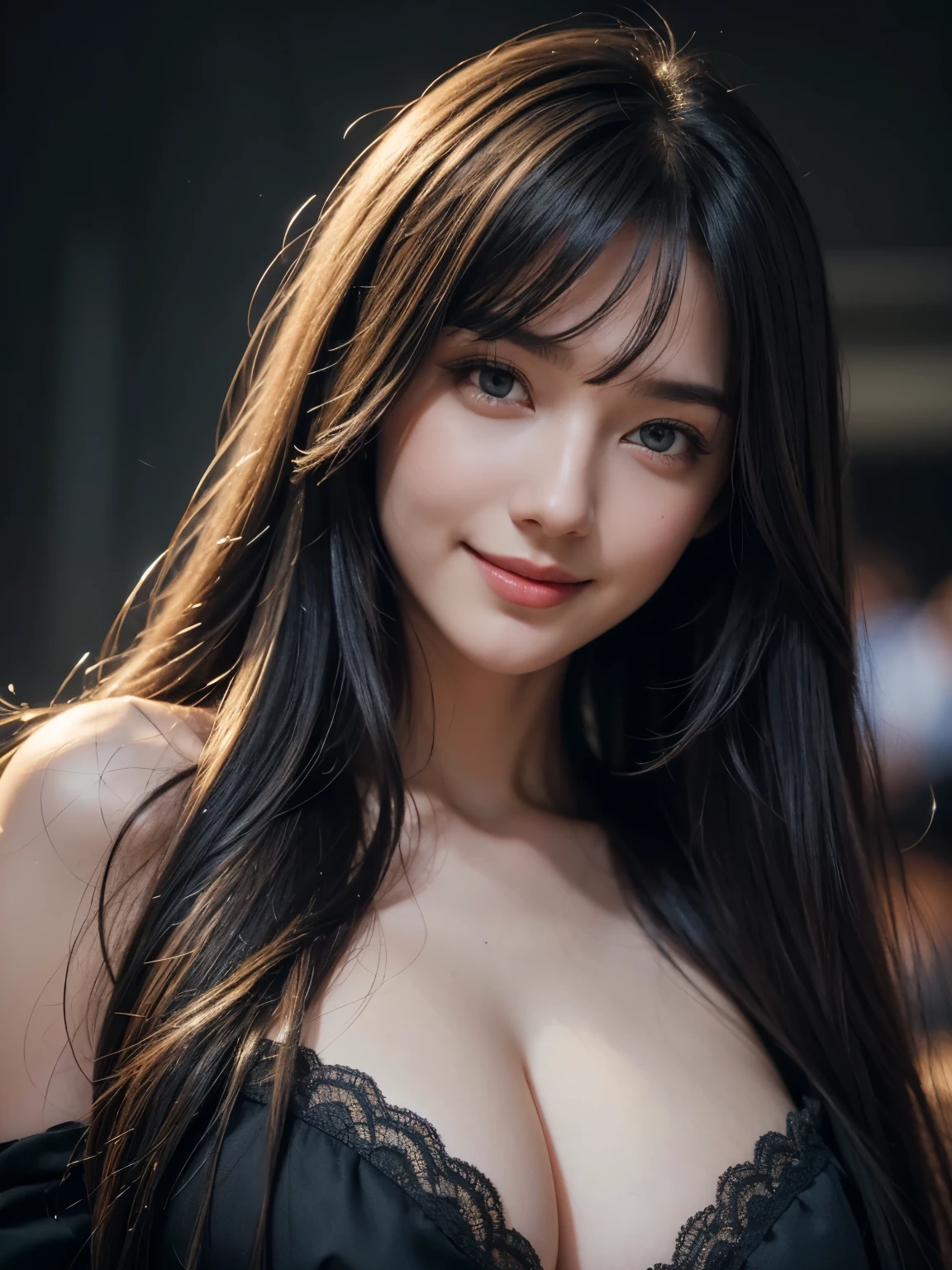 (Surrealism) , (Implications), (Improve resolution), (8K), (Extremely detailed), (Best Best Illustration), (Beautiful and delicate eyes), (Best quality), (Extremely detailed), (masterpiece), ( wallpaper), (Detailed face), Full Body Love,1個Giant Breast Girl, Grab the chest with one hand,Smile,Looking at the audience, Exquisite details, Detailed face, Off-shoulder,in the dark night, deep shadow, low pitch,purebred face_V1, Smile,Long gray hair,Black shawl straight hair,Side bangs