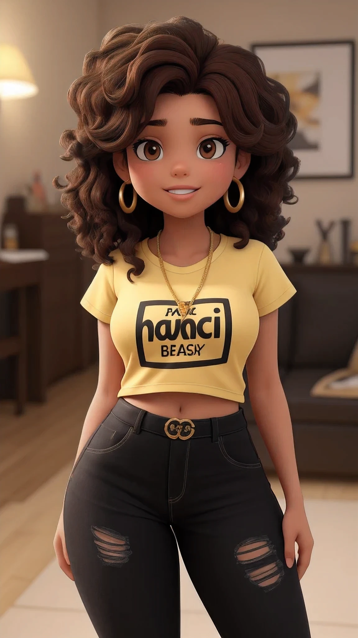 A beautiful medium brunette woman of 22 years old and height of 1, 65, tiene una melena de hermosos rizos bien definidos de tonos rubio-cenizo-oscuro a negro, largo hasta la espalda baja, ojos dark brown con un brillo singular, You cannot miss his always characteristic flirtatious and happy smile, showing perfect teeth and a tender, small ear that is drawn on his right cheek., He is wearing a black t-shirt with cursive typography, elegant and modern like a fashion magazine what does it say "Sacuchi" golden in color like its gold chain that holds a striking letter pendant "E" del mismo materia, sus tres anillos de oro en forma de corona digno de ella y un anillo liso como argolla pero un negro intenso. Luce jeansnegros intenso, her breasts that never go unnoticed due to their size and perfect and pronounced shape, With a curvy complexion, he steals attention wherever he goes., coqueta y caprichosa por naturaleza, solitaria y apasionada. maquillaje natural con un delineado negro sutilmente hace que se mire rasgaditos sus ojos, transformando su mirada en una mujer indomabme, sus labios lucen un labial de un tono marron natural y sutil pero qe no pasa desapercibido. Tenis blancos con detalles dorados. 