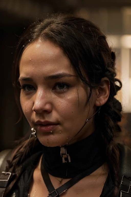 Katniss Everdeen, (bdsm gagged mouth, bondage, drool dripping, drool dangling) cleavage, sexy bra, 8k, realistic, drool on chest, close up head and upper body, pleading eyes, drooling, wet, breath control, breathplay