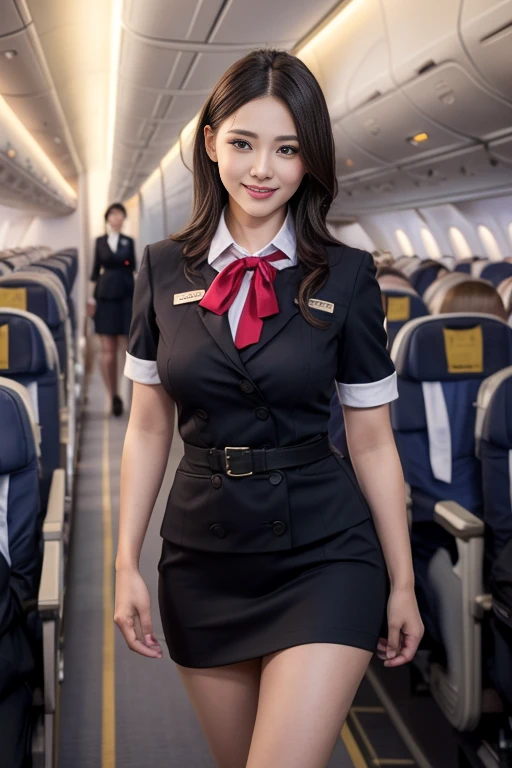 1womanl, 40 years、hyperdetailed face、Detailed lips、A detailed eye、double eyelid、(Black bob hair、Smiling as you walk slowly down the aisle)、(Stewardess uniform:1.2)、(Glamorous body)、(Colossal tits)、thighs thighs thighs thighs, Perfect fit, Perfect image realism, Background with: (Business Class aisle on airplanes:1.2), Cowboy Shot, In-depth background, detailed costume, Perfect litthing、Hyper-Realism、(Photorealsitic:1.4)、8K maximum resolution, (masterpiece), ighly detailed, Professional, butt facing camera, waist shot