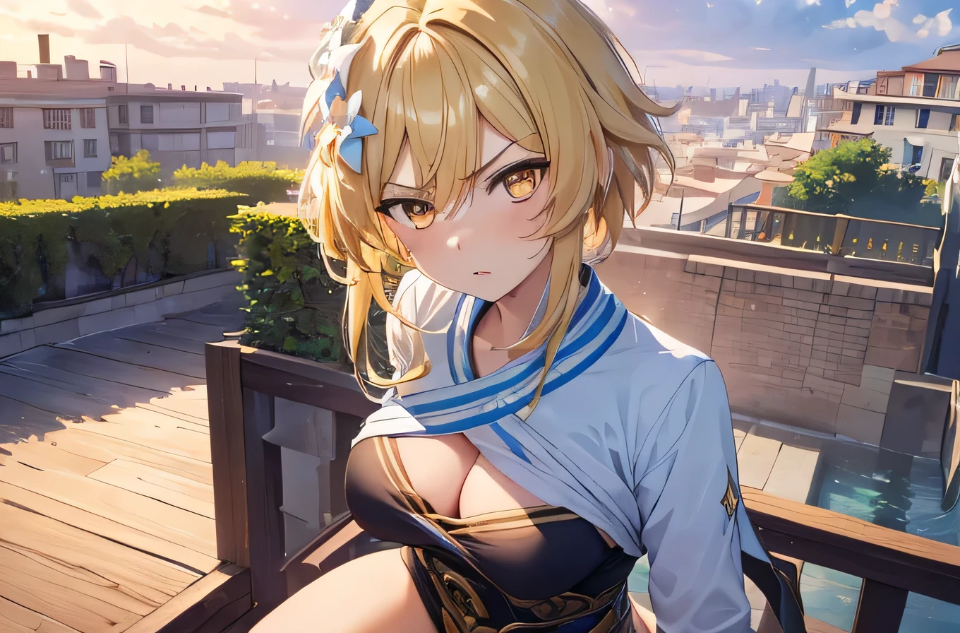 (masterpiece, top quality, best quality, official art, beautiful and aesthetic:1.2), (1girl:1.3), extremely detailed,(fractal art:1.2),colorful, highest detailed, lumine, lumine genshin impact, parted lips,wallpaper, beautiful gold eyes, short hair, beautiful blonde hair, (mad, angry expression, angry face), casual outfits, (cowboy shot), in rooftop school, looking out