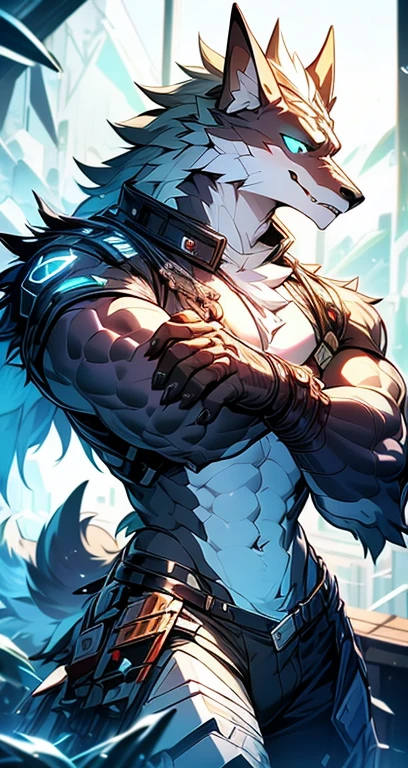Ciberpunk, oculos de sol, (mechanical lobo claws), long arms, ombros largos, hands with claws, obra de arte, (super detalhado), (antropomorfismo animal), tema gangster, lobo, bonito, sobretudo, luzes fracas, smoke, sombra, Paisagem urbana corrupta, Mais alta qualidade, monofocal, (skimming: 1.1), Muscle man, corpo todo, Intricado (alto detalhe: 1.1),