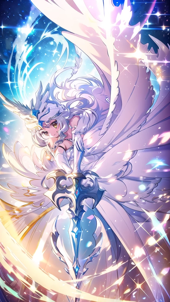 (masterpiece), highest quality, One girl, Valkyrie, Angel knight in white dress and silver armor, Shiny Armor, High Gloss Armor, reflective metal armor, holding sword, (length_sword), pink length curly hair, Yellow Eyes, wing, White clothes, Perfect lighting
