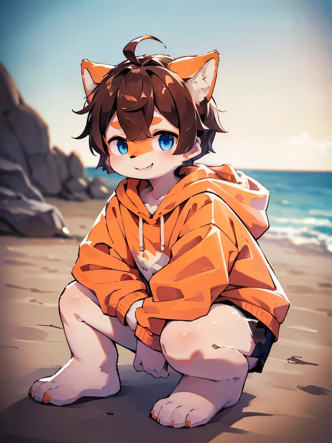 Summer beach with visible legs, cumulonimbus clouds visible, daytime, crouching, (mischievous smile, orange fur, Shiba Inu beastman, light blue eyes, *brown hair*, fluffy boy, cute), wearing a hoodie, orange and white fur on face, no human-like ears