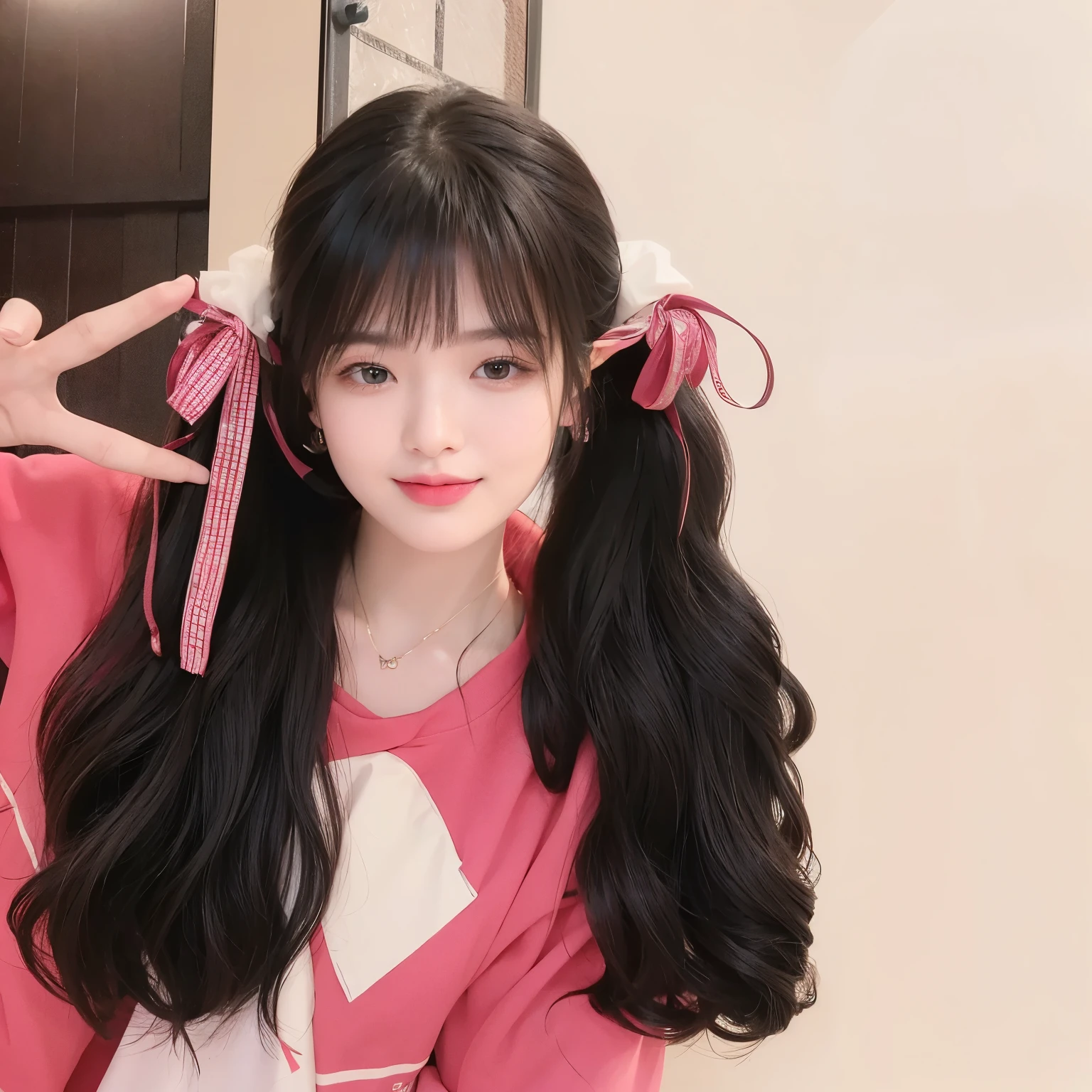 masterpiece, best quality, Girl in pink sweatshirt,Black hair,,Flowing long hair,Tie both ponytails and curly hair,Sweet girl,a girl,Exquisite facial features,