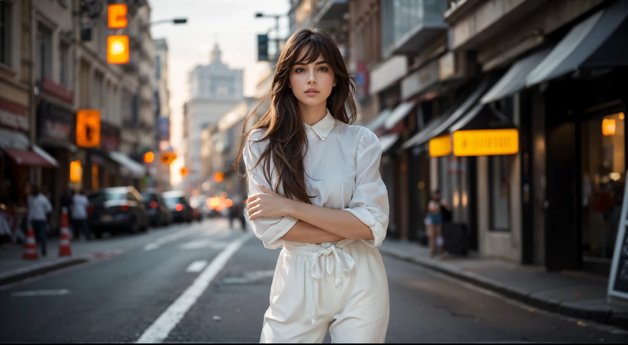 Surreal, Ultra HD, Attractive and sexy body shape , The surrounding environment is very vivid，HDR，Very high image quality，Cinematic Lenses. Natural Location, Natural Human Anatomy，A 20-year-old girl，Standing on a city street corner，In the hustle and bustle of the city，Photo of an Italian female model，Long hair，White clothing，Shooting in the style of the Canon EOS R5 at F2 and ISO400，Soft Light