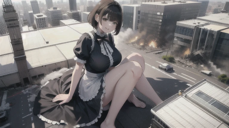 Maid, short hair, Black Hair, highest quality, One girl, smile,, Big Breasts, Mature Woman, mature, Sensual, Golden Eyes, Plump lips, huge breasts、Realistic、Perfect body line、、cute、Beautiful girl taller than a building、aerial photograph、aerial photograph、Sit in the building、smileで楽しく街を破壊する、 (A giant girl bigger than a skyscraper destroys the city of Shibuya:1.5)、cute 乱れる 寝転がる