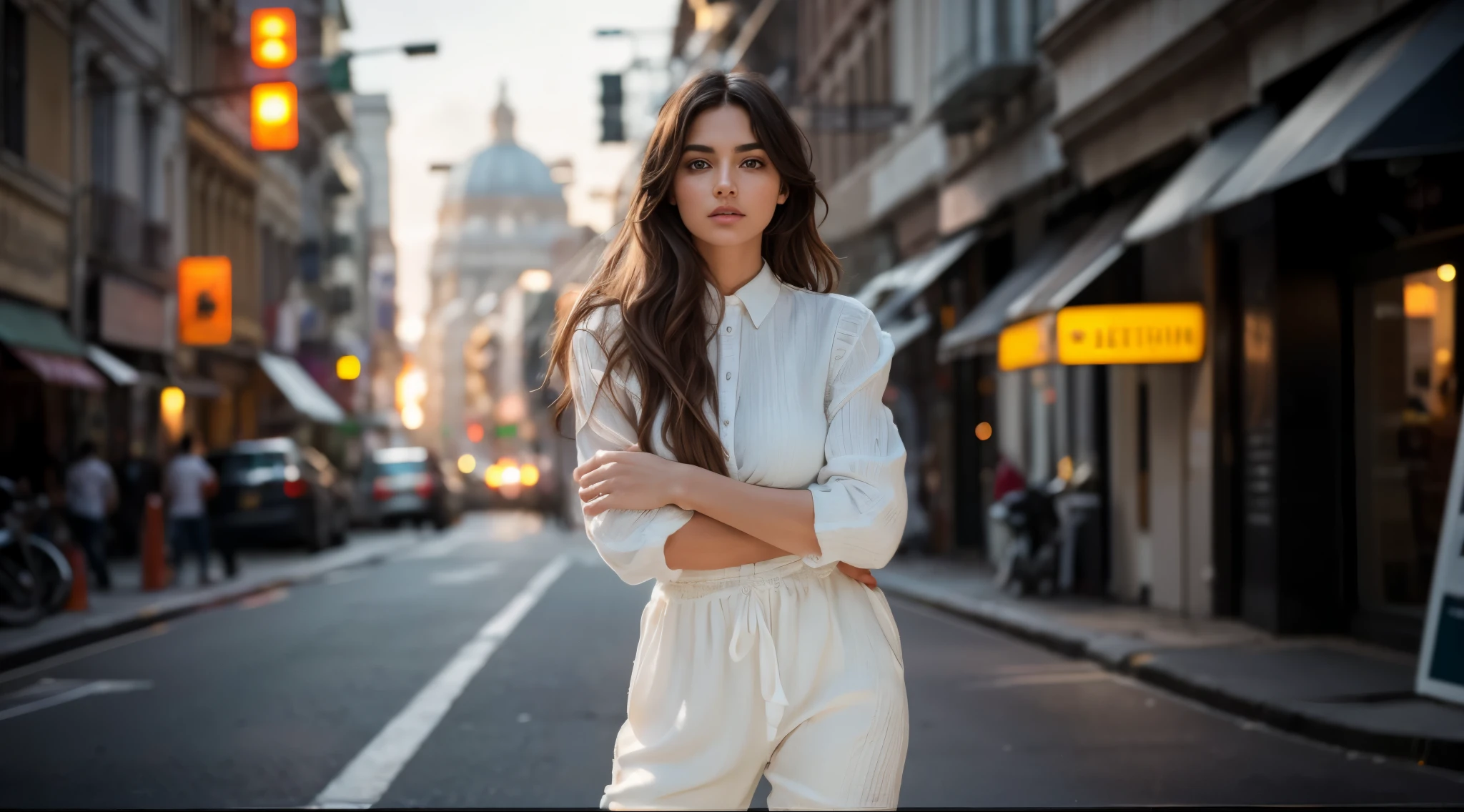 Surreal, Ultra HD, Attractive and sexy body shape , The surrounding environment is very vivid，HDR，Very high image quality，Cinematic Lenses. Natural Location, Natural Human ???????，A 20-year-old girl，Standing on a city street corner，In the hustle and bustle of the city，Photo of an Italian female model，Long hair，White clothing，Shooting in the style of the Canon EOS R5 at F2 and ISO400，Soft Light