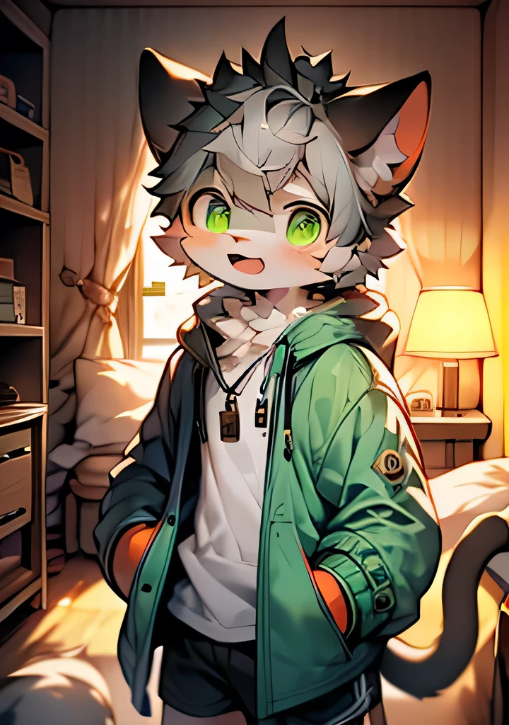 (Cat,Gray hair and green eyes,Yellow and wHellote coat color,Lovely,Lively,horny boy,,Wear a sweatsHellort with a pink pattern,energetic and cute,shorts, wind element,hairy),Digital artwork with light effects.a boy,single anthropology,hairy,Wild,(digital media \(artwork\):1.2),(Hello,It's notHellong,H:1.2),Perfect anatomical structure,Anatomically correct,detailed,detailed face,detailed eyes,(,indoors,Bedside lamp