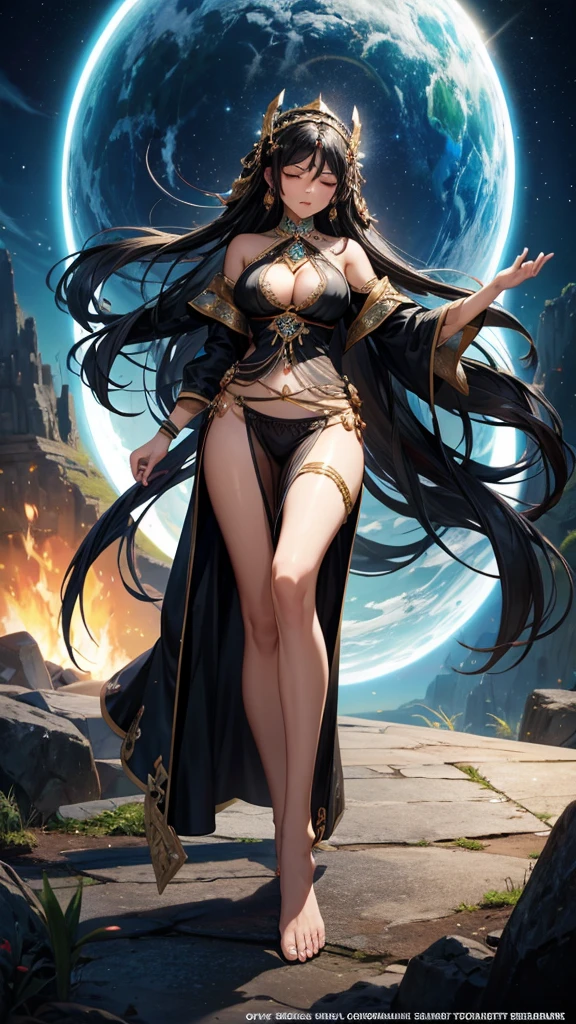 Beauty with straight black hair and dark skin,Close eyes,persian clothing,cleavage,thong,Transparent long skirt,,barefoot,valley