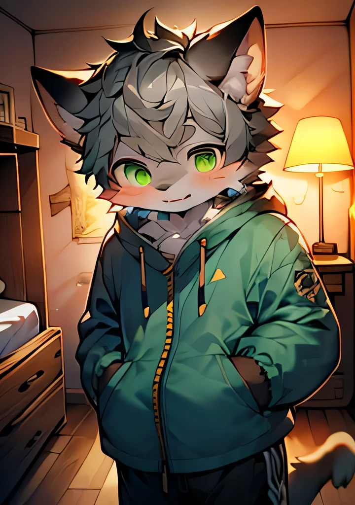 （Cat，Gray hair and green eyes，Yellow and wHellote coat color，Lovely，Lively，horny boy，,Wear a sweatsHellort with a pink pattern，energetic and cute，shorts, wind element，hairy），Digital artwork with light effects.a boy，single anthropology,hairy,Wild,(digital media \(artwork\):1.2),(Hello，It's notHellong,H:1.2),Perfect anatomical structure,Anatomically correct,detailed,detailed face,detailed eyes,(，indoors，Bedside lamp