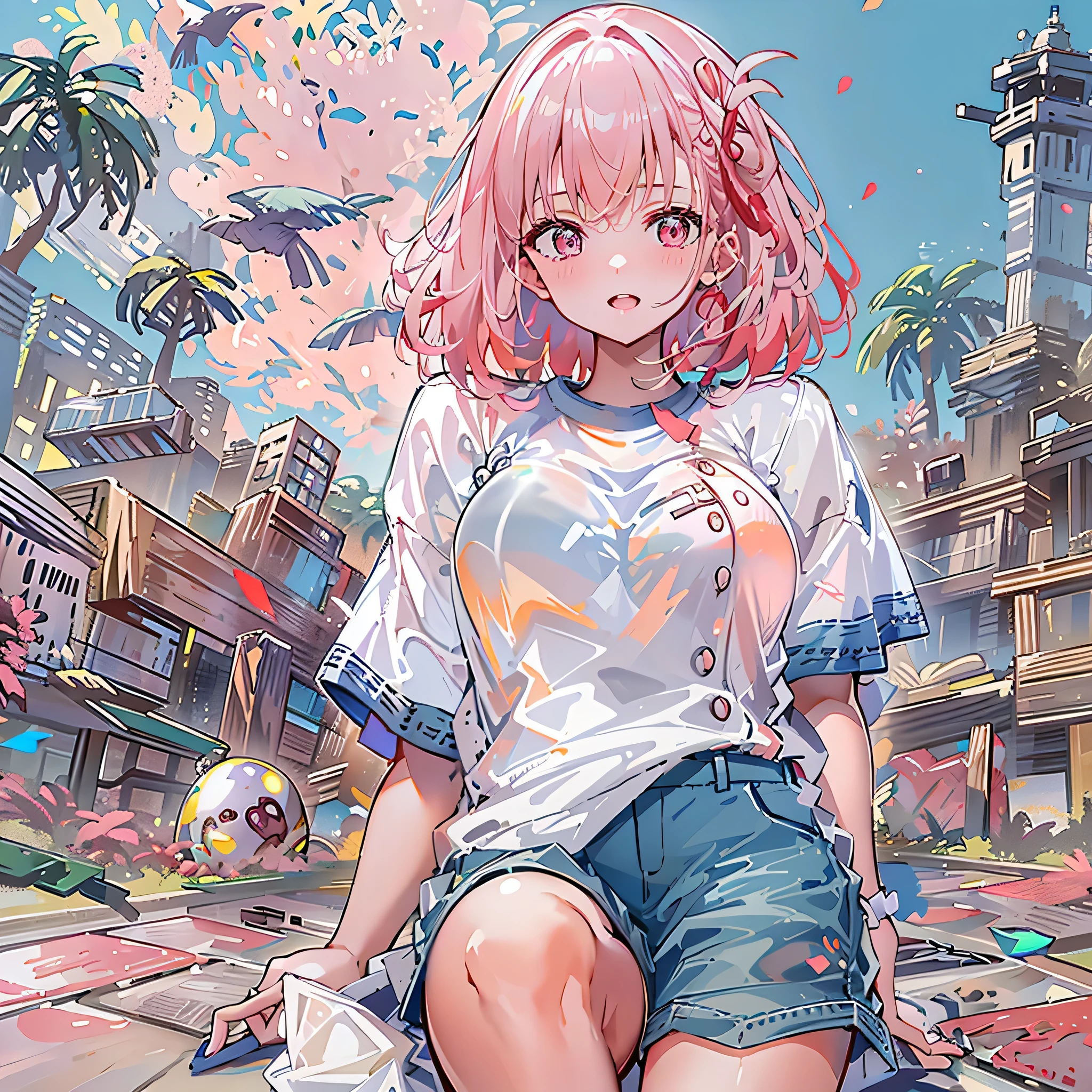 8K resolution、((top-quality))、((masterwork))、((ultra-detailliert))、1 woman、solo、incredibly absurdness、Oversized  T-shirt’s 、ocean、plein air、Sateen、neons、Shortcut Hair、pink Hair Brightly colored eyes、Hands in pockets、shortpants、really cute 、summer