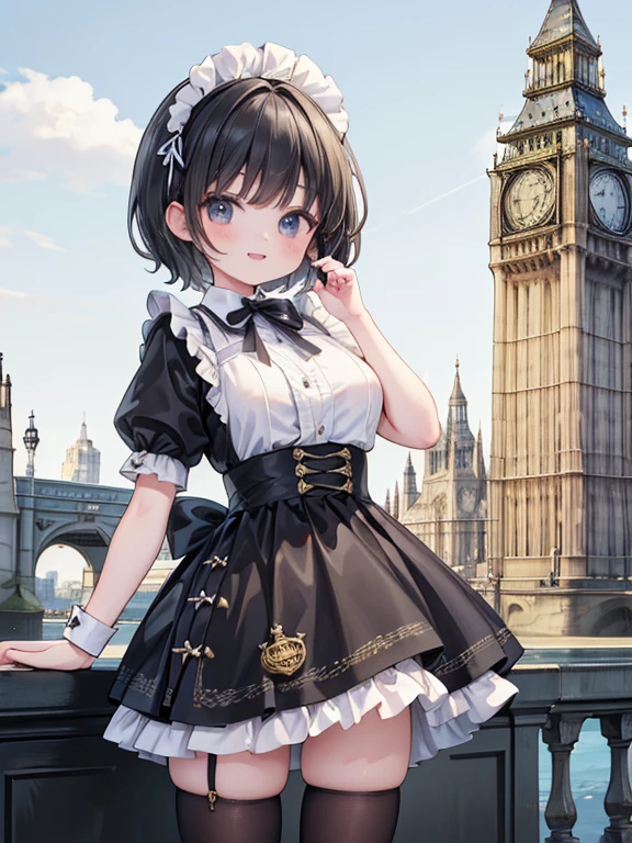 masterpiece, highest quality, Very detailed, 16k, Ultra-high resolution, Cowboy Shot, Detailed face, Perfect Fingers, A -yeld gi black eye, smile, Black Hair, short hair, Black maid outfit, b1gb3, London,  Before Big Ben