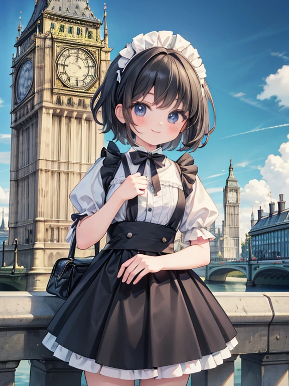 masterpiece, highest quality, Very detailed, 16k, Ultra-high resolution, Cowboy Shot, Detailed face, Perfect Fingers, A 13-year-old girl, black eye, smile, Black Hair, short hair, Black maid outfit, b1gb3, London,  Before Big Ben