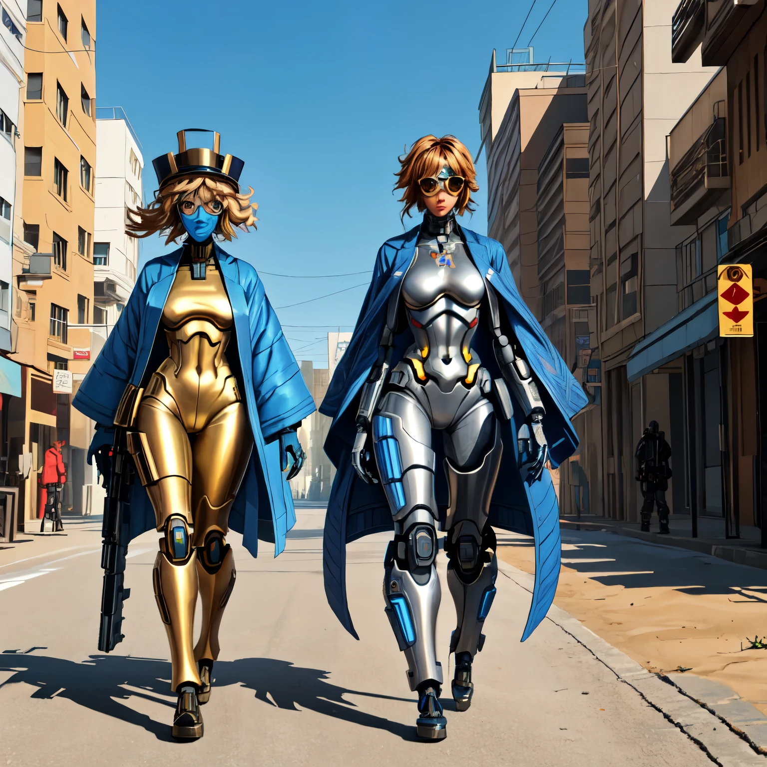 They are two robots walking down the street with guns., Detailed cinematography, Steampunk Digital Art, Big Studio VFX, A still from the TV series, Anthropomorphic woman, Featured on Vimeo, yasuke 5 0 0 px Model, Robert Koehler, Interconnected human life, Shooting with anamorphic lenses  