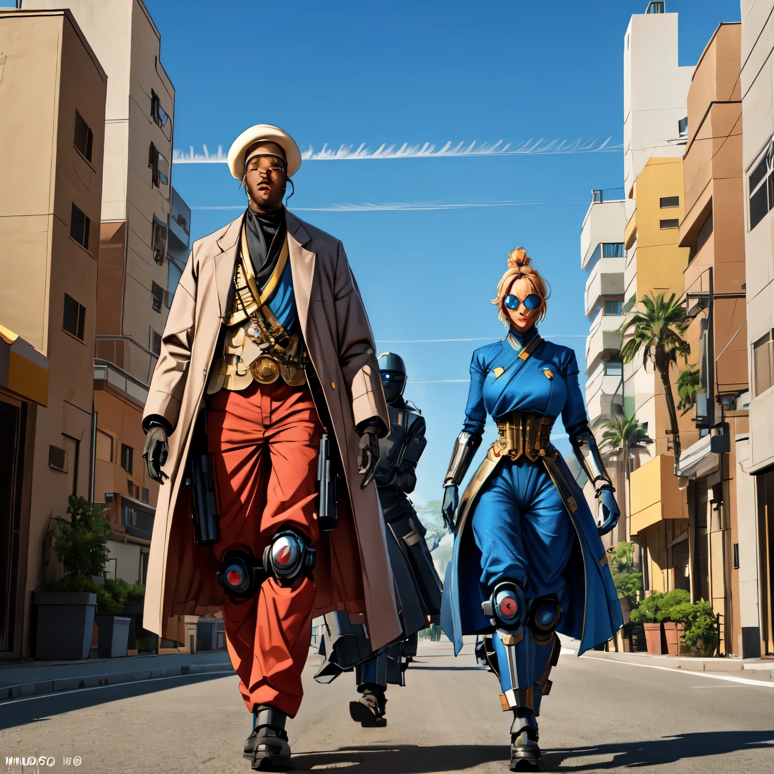 They are two robots walking down the street with guns., Detailed cinematography, Steampunk Digital Art, Big Studio VFX, A still from the TV series, Anthropomorphic woman, Featured on Vimeo, yasuke 5 0 0 px Model, Robert Koehler, Interconnected human life, Shooting with anamorphic lenses  