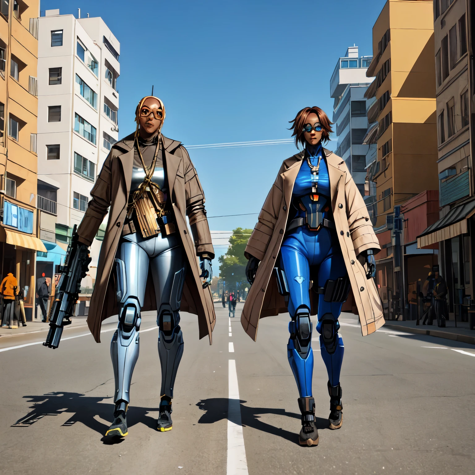 They are two robots walking down the street with guns., Detailed cinematography, Steampunk Digital Art, Big Studio VFX, A still from the TV series, Anthropomorphic woman, Featured on Vimeo, yasuke 5 0 0 px Model, Robert Koehler, Interconnected human life, Shooting with anamorphic lenses  