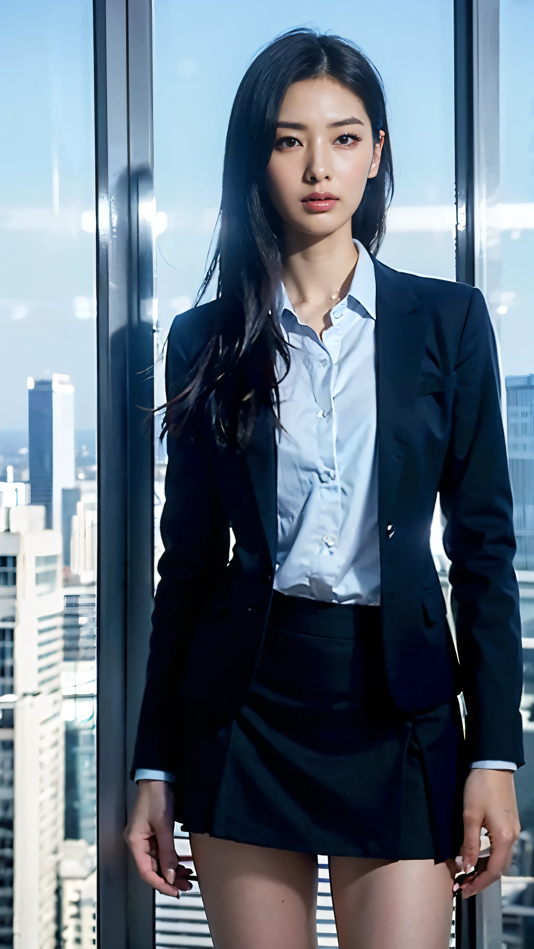 ((Tabletop:1.4, highest quality)), (Realistic photos:1.4), 
((1 girl)), Shiny black hair, Hair blowing in the wind,
(超A high resolution:1.2), Very delicate and beautiful, wonderful, 
Very detailed CG Unity 8k wallpaper, Very detailed, High resolution, Soft Light, 
Beautiful detailed girl, Very detailedな目と顔, Beautiful and detailed nose, Fine and beautiful eyes, 
(Dark blue business suit, skirt:1.4),
Cinema Lighting, Perfect ???????, Slender body, Long, slender legs, Was nervous,
(Glass Skyscraper:1.3), (Clear winter blue sky:1.4), (A beautiful form with an inorganic feel),
Cool look, Cowboy Shot