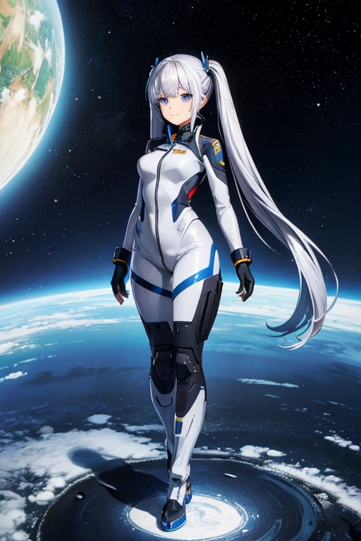 Anime drawings、Full body portrait、Space SF soldiers、Standing figure turning around with his back to me、A female pilot, about 175cm tall, around 27 years old, wearing a silver jumpsuit、Smiling with mouth closed、The hairstyle is medium twin tails、Silver Hair、gloves、Blue Eyes