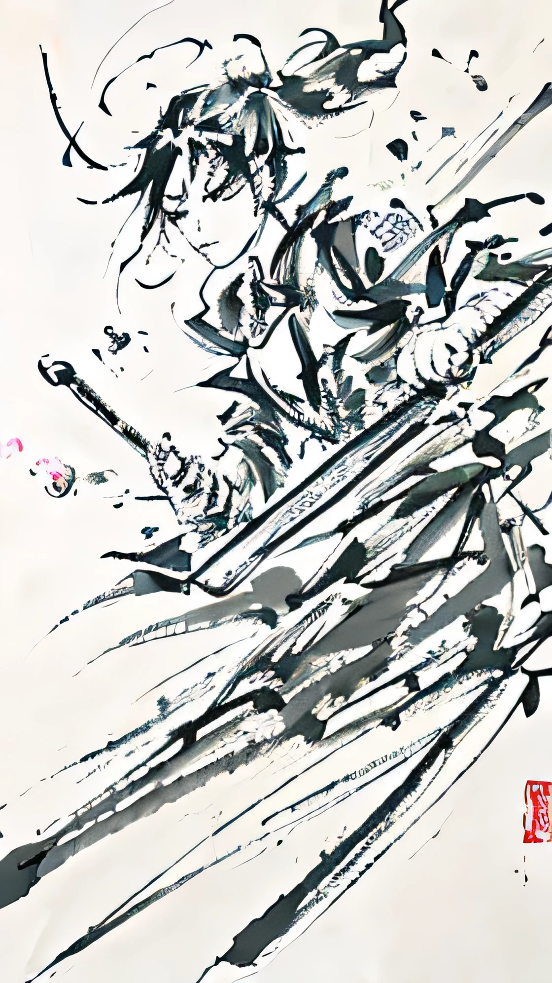 High-resolution images incorporate intricate details,Depicted in the style of ink painting, the Nakaji master focused on the scene of the battlefield in monochrome. As the Masters prepare for battle,The brushstrokes convey a sense of power and intensity, Their weapons are beautifully rendered with bold strokes and detailed shading.. The battlefield spread before them, Chaotic and chaotic scene, In the background,The smoke and the sound of steel colliding can be clearly seen. The ink painting style adds depth and emotion to the masterpiece, Capturing the raw power and determination of a military master amid the chaos of war. High-resolution images ensure every line and stroke is accurate