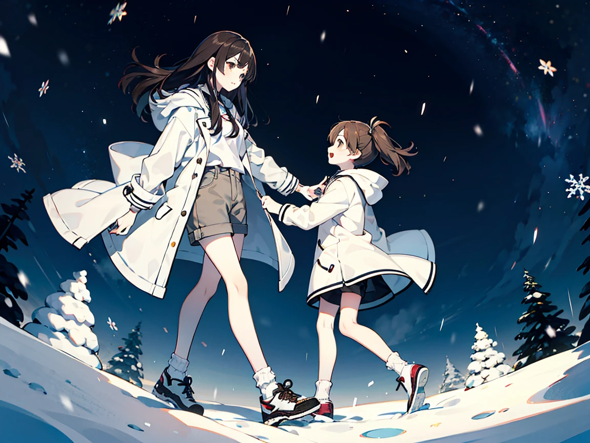 A 15-year-old girl picks up a 7-year-old girl in white knee socks，fair，Long brown hair，Very thin，small thin legs，Snow，White coat，shorts，Bare legs，The legs are very thin，energetic，whole body，White socks