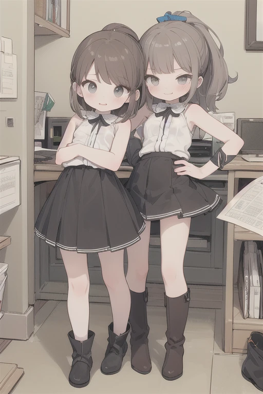 Best quality, High quality, masterpiece, a high resolution, 1 girl, One, dark brown hair, Bangs down, mini ponytail, short hair, Dark brown eyes, upside down eyes, smile, ashamed, brush, standing, (((very small breasts))), sleeveless shirt, A skirt, boots, inner thigh, (((hands behind your back))), Anime illustrations, computer illustrations for games, Cute illustrations, Western Castle Town, above, I look at the viewer