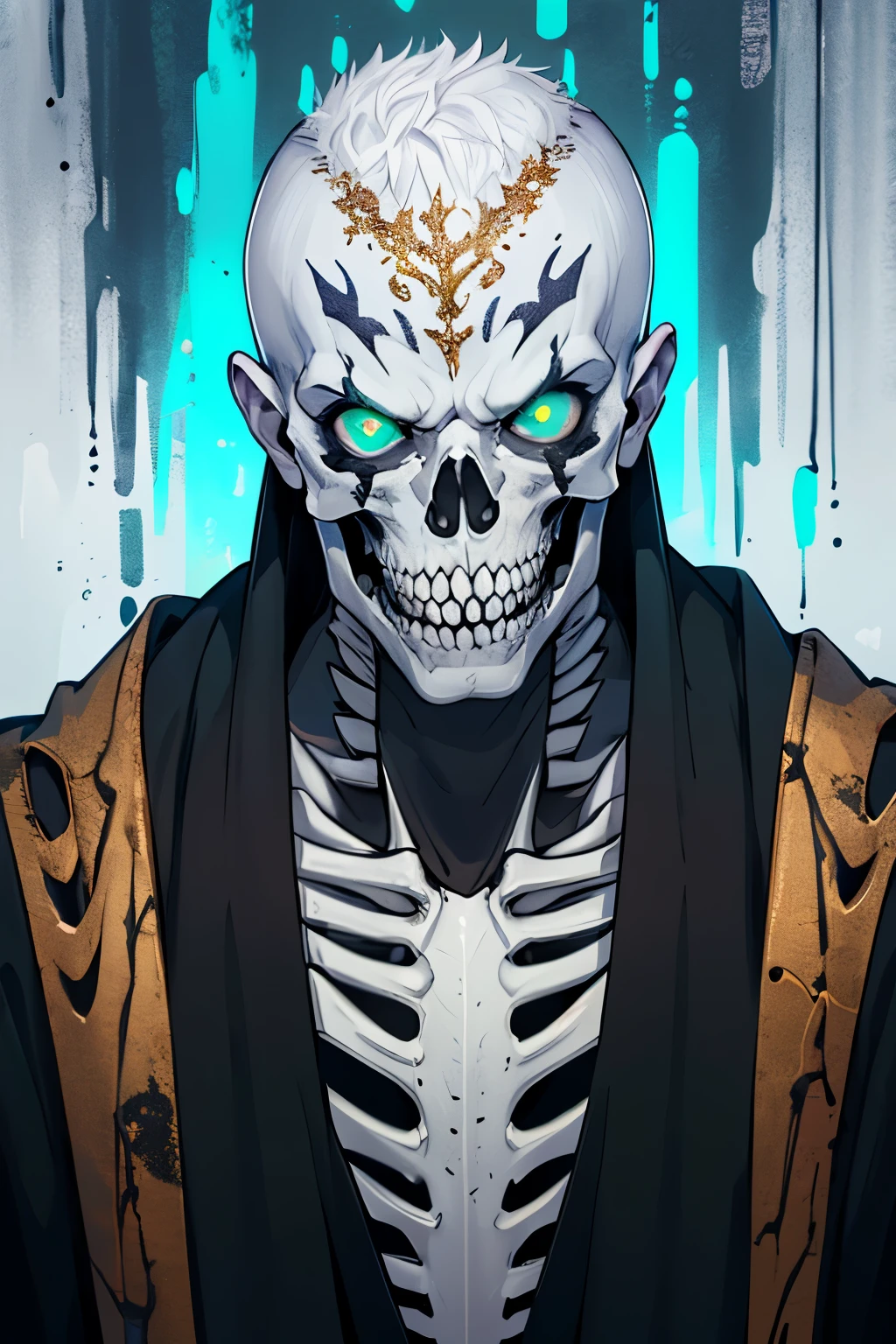 ((best quality)), ((masterpiece)), (detailed), 1 male, giant, bald, white tribal tattoos, Muscular, pale blue skin, sharp skeletal teeth, snarling expression, flowing black robes, Bare Chest, green flaming eyes, skeletal teeth, sidelighting, blue light, necromancer, strong jaw, black crown, rotting skin, old face