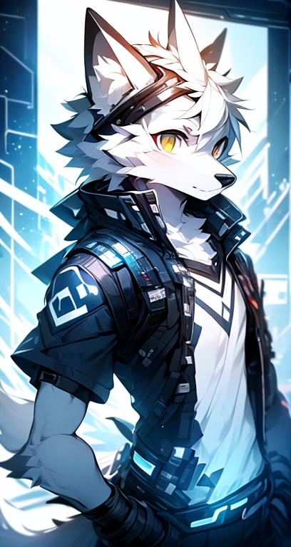 cyber punk perssonage，epcot，Tech style，solo person，White body，White ears，White hair，Overall white，Orange-yellow eyes，Wolf tail，Wolf orcs，Young，Wear a short-sleeved shirt，Ultra-clear screen，Soft lines