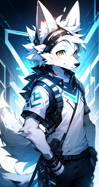 cyber punk perssonage,epcot,Tech style,solo person,White body,White ears,White hair,Overall white,Orange-yellow eyes,Wolf tail,Wolf orcs,Young,Wear a short-sleeved shirt,Ultra-clear screen,Soft lines