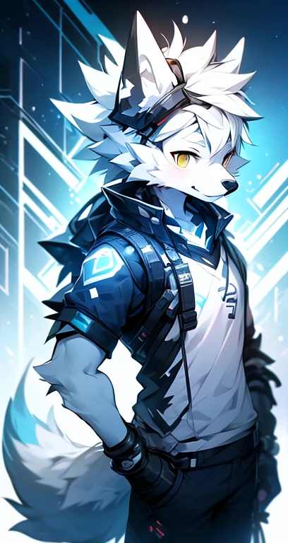 cyber punk perssonage,epcot,Tech style,solo person,White body,White ears,White hair,Overall white,Orange-yellow eyes,Wolf tail,Wolf orcs,Young,Wear a short-sleeved shirt,Ultra-clear screen,Soft lines