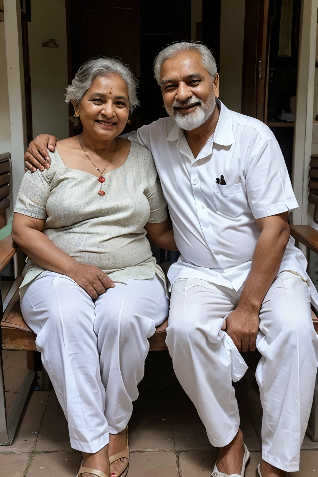 a Indian old couple age 65 years old sitting togather and laughing and old woman is fat and wearing a saree and old man is slim average fit and wearing white shirt and white pants , old man is having a beard, both are looking front and happy