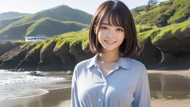 Produce the highest quality and highest resolution 8K images。The model is a 20-year-old Japanese woman.。She has brown eyes and a model figure.、She has an idol-level cute face.。Her hair is bob。Skin has a healthy color。Clothes、6Dressed for the month。She is smiling and posing for the camera。The background is the beach。
