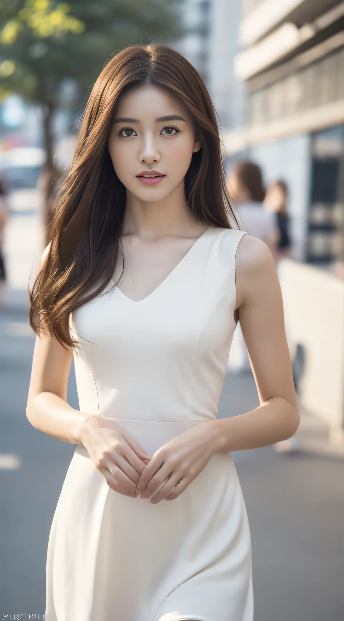 ((Realistic lighting, best quality, 8K, masterpiece: 1.3)), focus: 1.2, ung woman, Perfect body: 1.4, Slim abs: 1.1, ((Dark brown hair)), (White dress: 1.4), (outdoor, daytime: 1.1), City Streets, Very delicate face, beautiful eyes, Double eyelids,