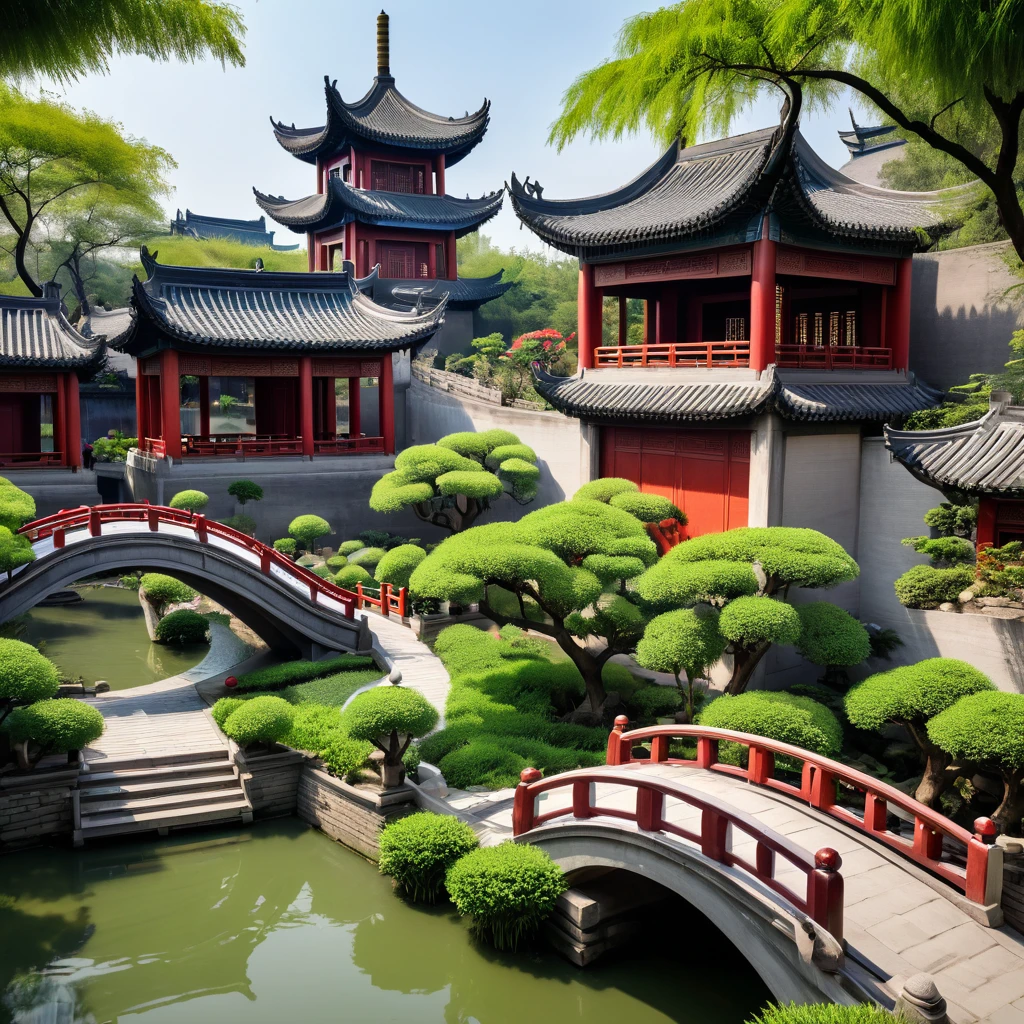 South City Garden,There is a pagoda in the middle,There is another bridge, Chinese Architecture, Chinese Architecture,, Chinese Village, Beautiful ancient garden behind,Wang Xuetao's freehand style,Graininess,Structured,Clear details,Green plants,Green Trees,Elegant colors,桥上有woman,woman,Red Umbrella,((Parasols))