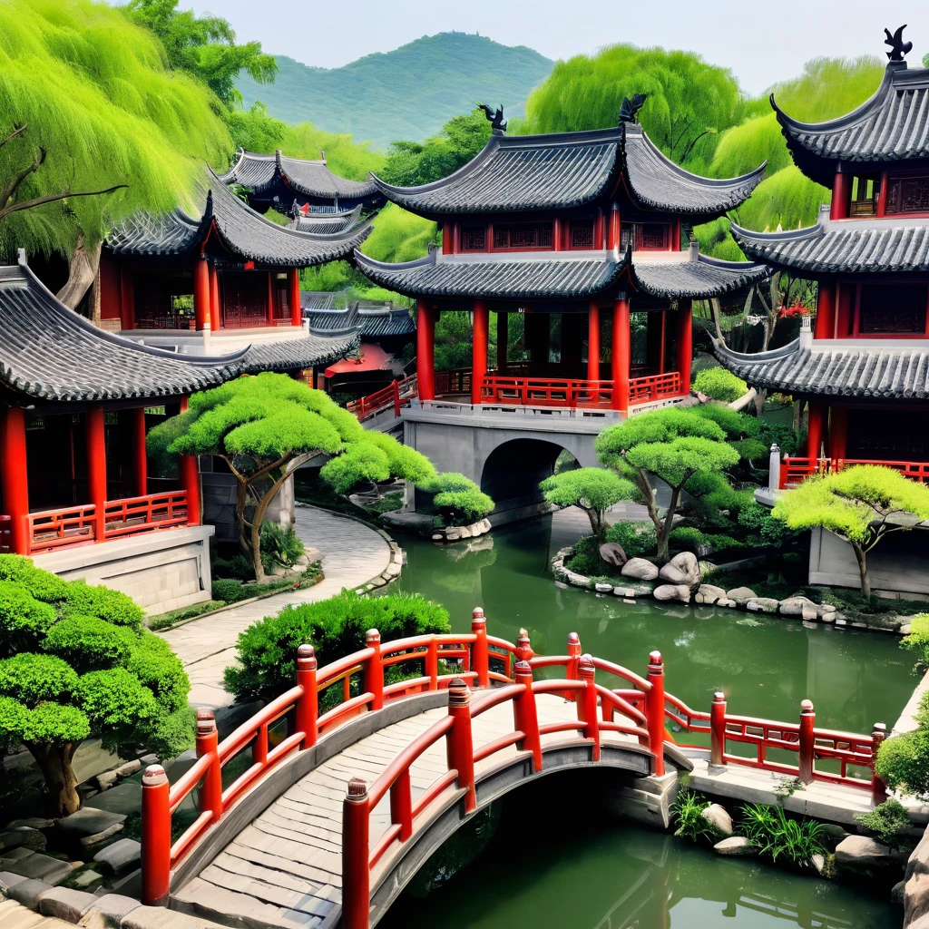South City Garden,There is a pagoda in the middle,There is another bridge, Chinese Architecture, Chinese Architecture,, Chinese Village, Beautiful ancient garden behind,Wang Xuetao's freehand style,Graininess,Structured,Clear details,Green plants,Green Trees,Elegant colors,桥上有woman,woman,Red Umbrella,((Parasols))
