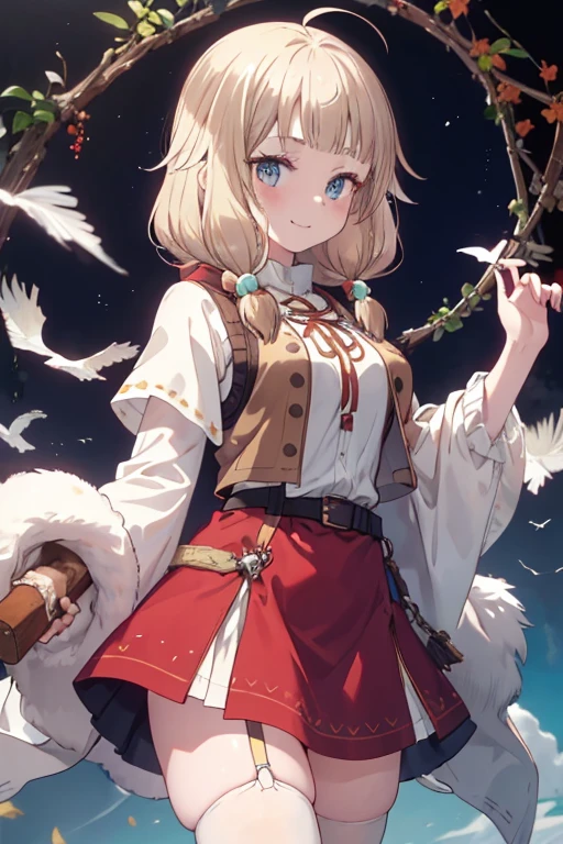 masterpiece, 1girl, sparrow, a blonde haired girl, wearing a brown viking clothes, curly medium hair, messy hair, slim body, wearing furry capelet with hoody, he close her left eye, shirt ornament, aqua eyes, sho show her back, ahoge, red vest, baby face, big breast, beautiful breasts, rounded breasts, braid hair, long sleeves, beautiful eyes, white stocking, droopy eyes, her age is 19 years old, smile, ancient viking 