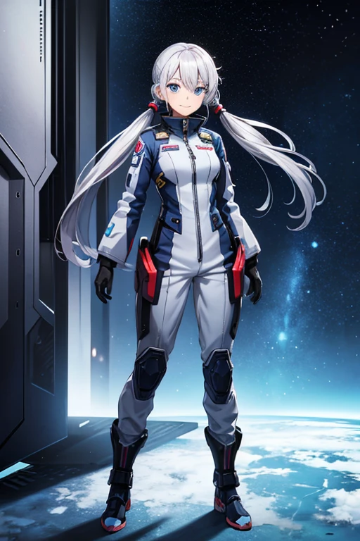 Anime drawings、Full body portrait、Space SF soldiers、A female pilot, about 175cm tall and about 27 years old, wearing a silver jumpsuit, turns around.、Smiling with mouth closed、The hairstyle is medium twin tails、Silver Hair、gloves、Blue Eyes