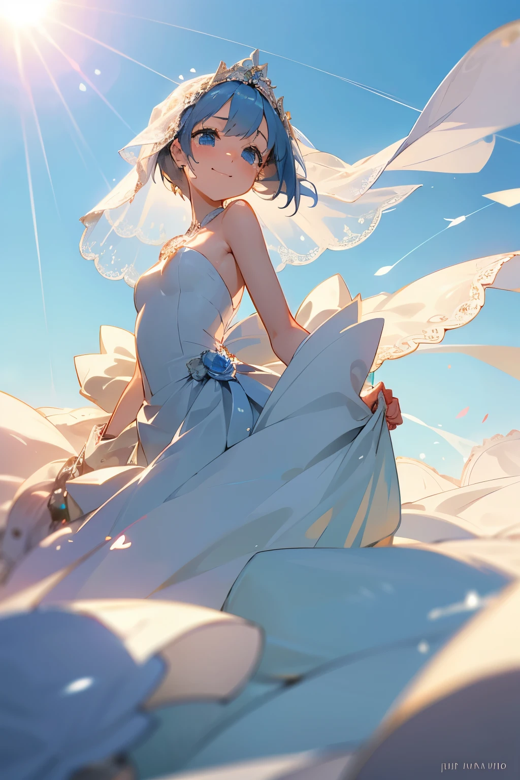 kawaii, anime style, masterpiece, best quality, ultra delicate, intricate composition, (A beautiful bride getting married on a sunny day in June, Tears and smiles as I think of my current happiness and gratitude for the past:1.5), BREAK, The image of beautiful girls floating in soda, the personification of cider, 1girl, solo, Cool, fleeting, lovely, cute, Beautiful blue eyes, Small_breasts, slender but well-proportioned figure, Silver short hair, natural lighting, 